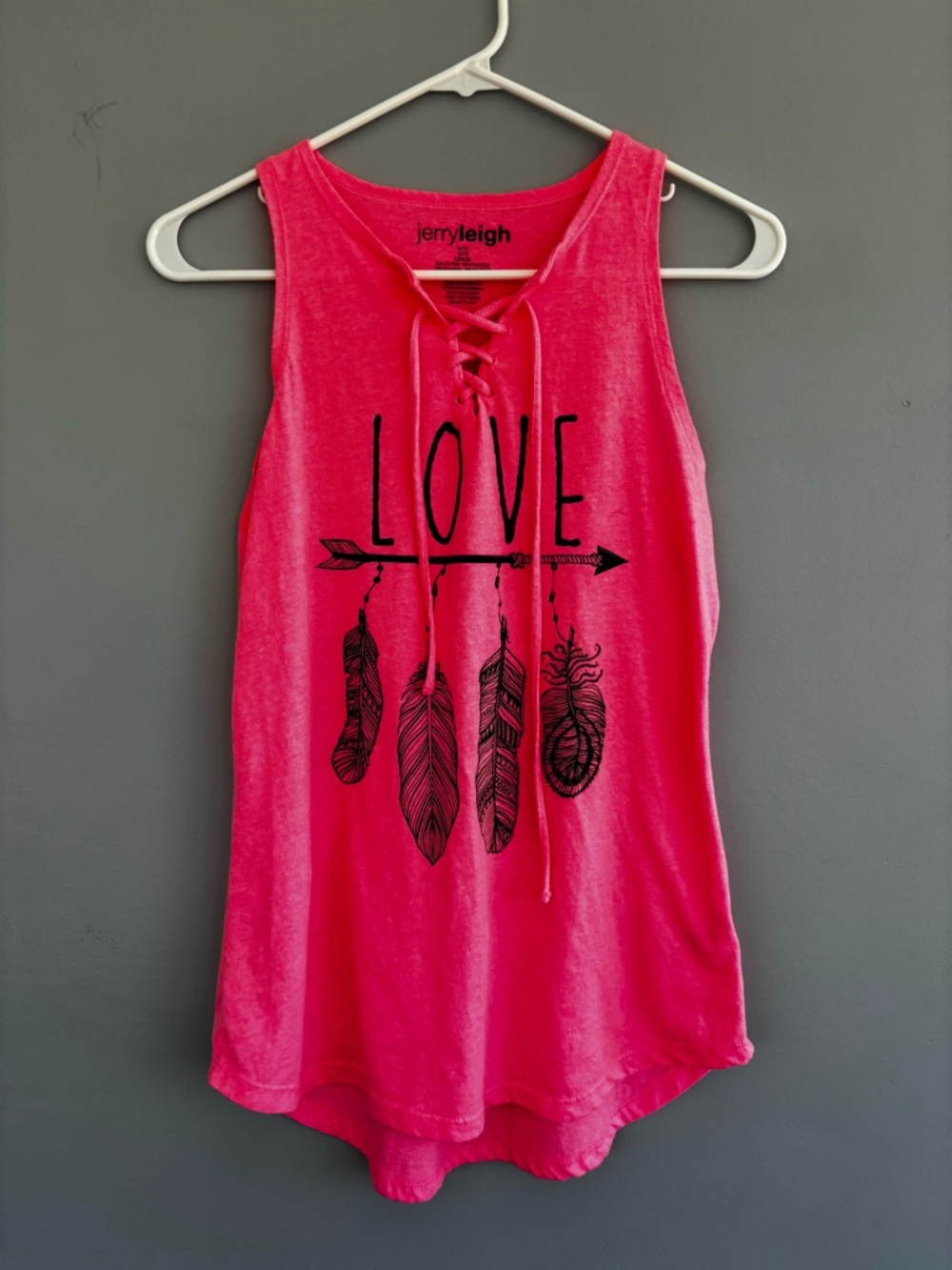 Pink Lace-Up Tank Top with 'LOVE' Feather Graphic